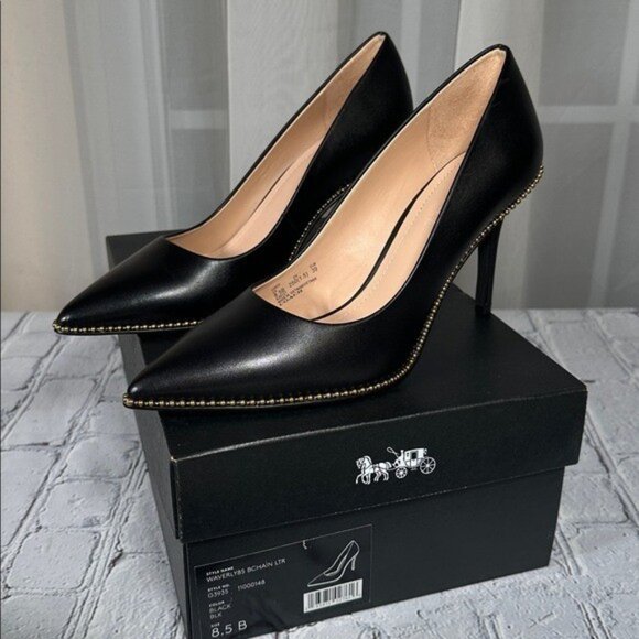 Coach Shoes - Coach Waverly Beadchain Leather Heels Black Gold Shoes